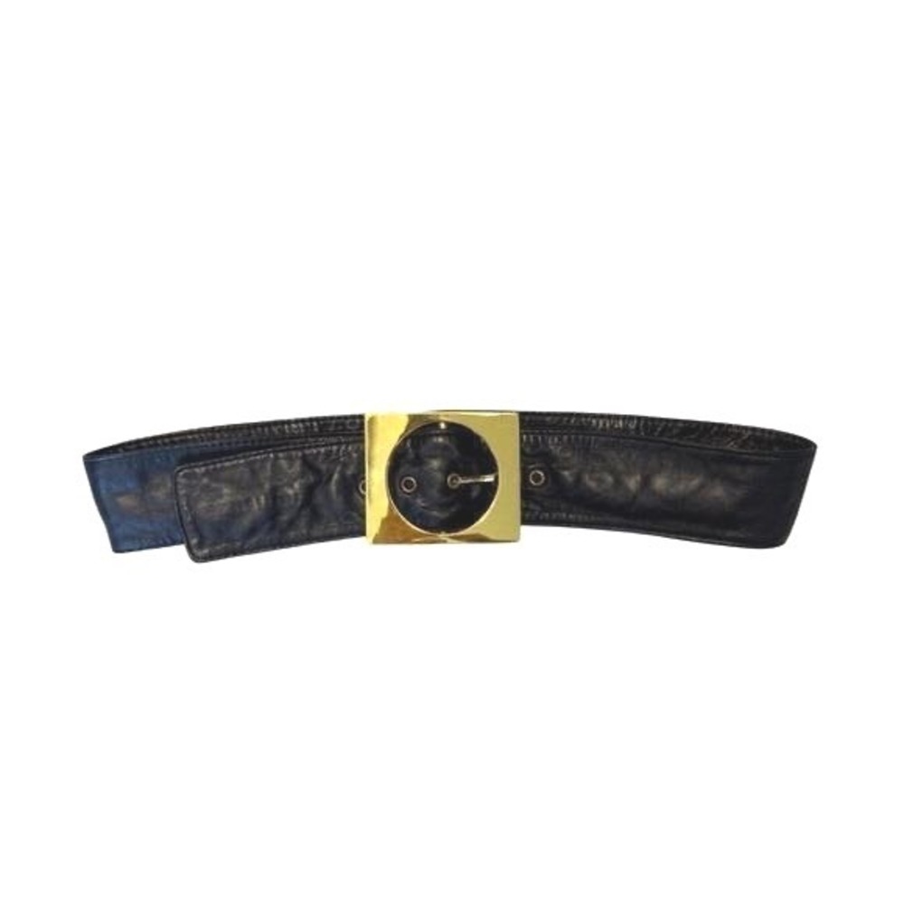 Vintage Black Leather Wide Waist Belt Oversized Gold Square Buckle Statement